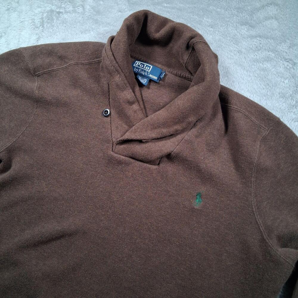 Polo Ralph Lauren Sweater Mens Large Brown Shawl Loop Collar Pullover Cotton